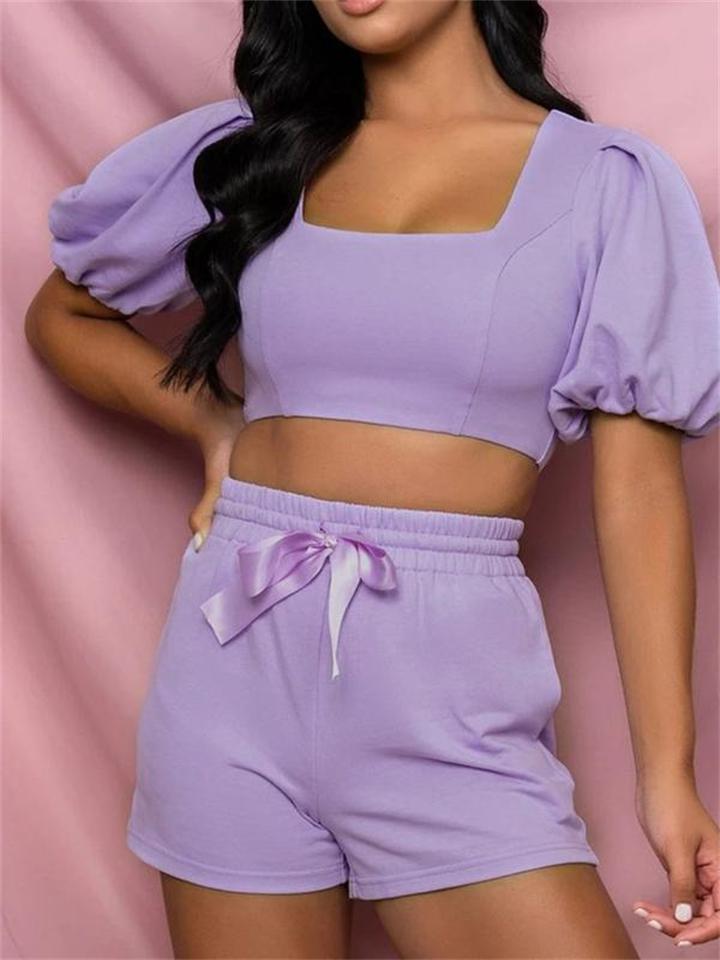 Elegant Solid Color Pleated Sleeve Top + Lace Up Shorts Shopvhs.com