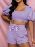 Elegant Solid Color Pleated Sleeve Top + Lace Up Shorts Shopvhs.com