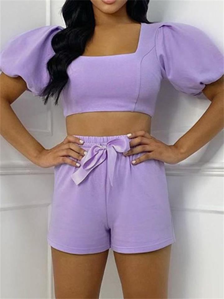 Elegant Solid Color Pleated Sleeve Top + Lace Up Shorts Shopvhs.com