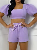 Elegant Solid Color Pleated Sleeve Top + Lace Up Shorts Shopvhs.com