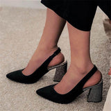 Elegant Suede Glitter Chunky Heels Pointed Toe Pumps Shopvhs.com