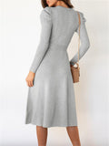 Elegant Tie Waist Long-Sleeved Knitted Sweater Dress Shopvhs.com