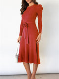 Elegant Tie Waist Long-Sleeved Knitted Sweater Dress Shopvhs.com