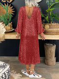 Elegant V Neck Long Sleeve Shimmering Sequined Pullover Dress Shopvhs.com