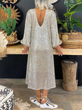 Elegant V Neck Long Sleeve Shimmering Sequined Pullover Dress Shopvhs.com