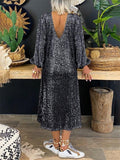 Elegant V Neck Long Sleeve Shimmering Sequined Pullover Dress Shopvhs.com