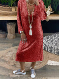 Elegant V Neck Long Sleeve Shimmering Sequined Pullover Dress Shopvhs.com