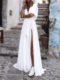 Elegant V-Neck Short Sleeve Side High Split Dress Shopvhs.com