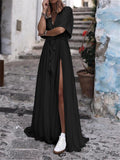 Elegant V-Neck Short Sleeve Side High Split Dress Shopvhs.com