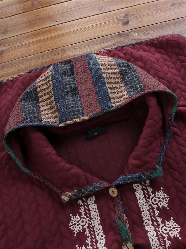Ethnic Print Button-Up Longsleeve Hooded Coat Shopvhs.com