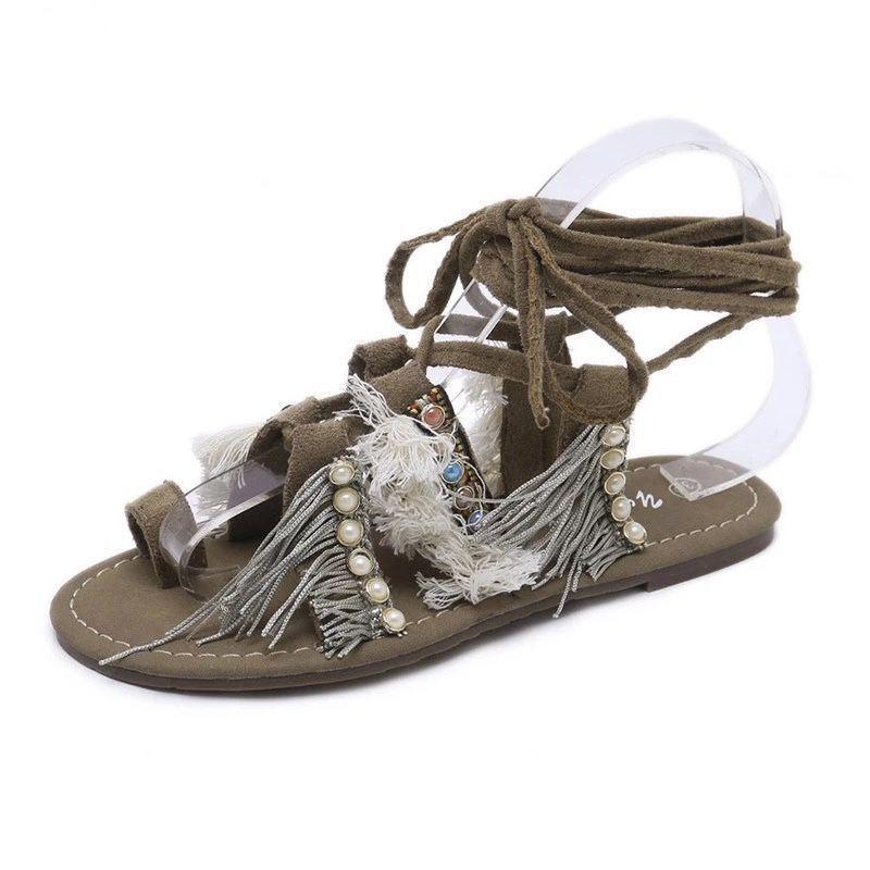 Ethnic Style Ankle-Strap Toe-Ring Fringed Flat Beaded Deco Soft Footbed Sandals Shopvhs.com