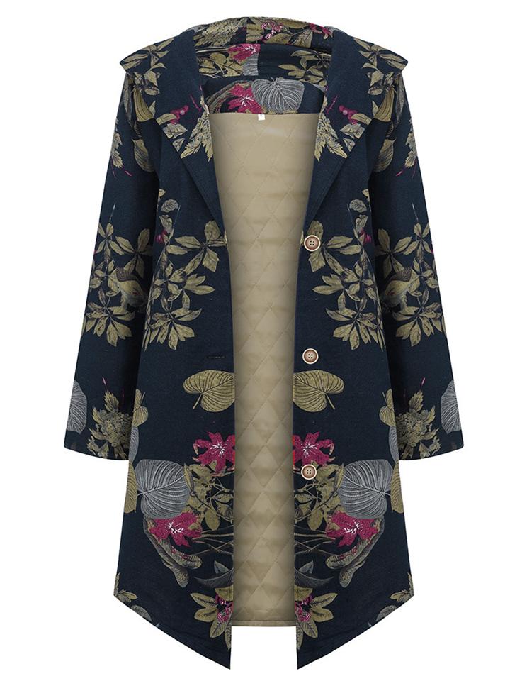 Ethnic Style Lapel Collar Floral Printed Midi Length Cotton Hooded Coat Shopvhs.com