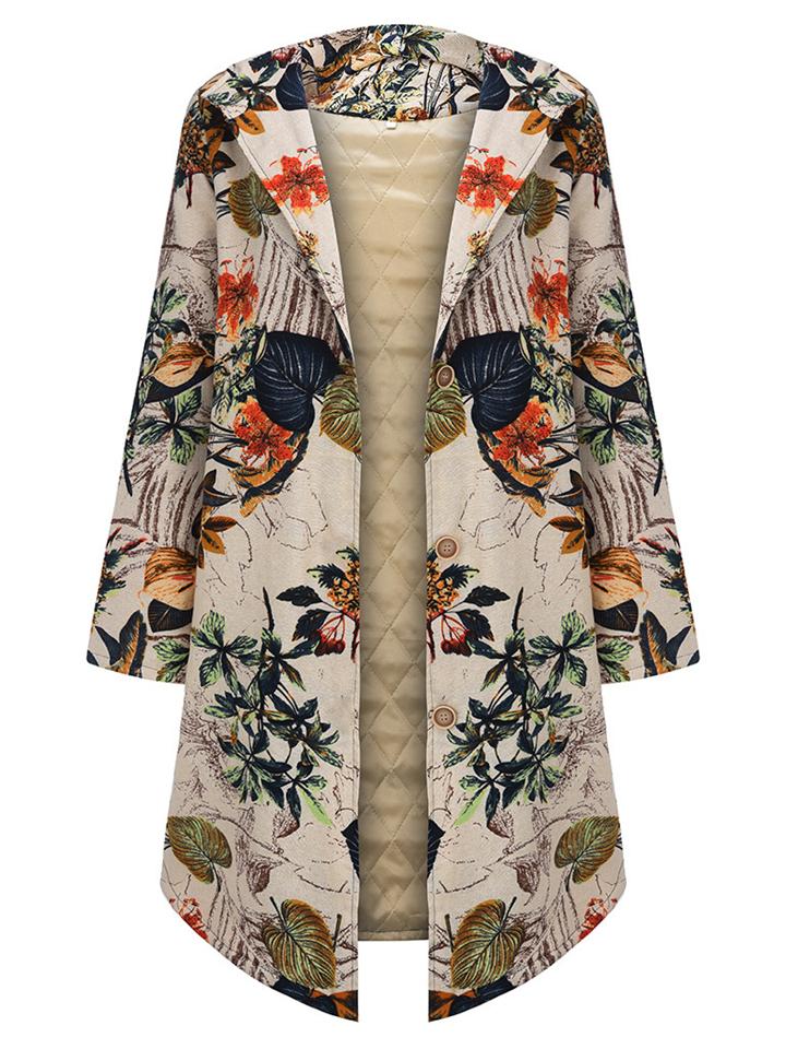 Ethnic Style Lapel Collar Floral Printed Midi Length Cotton Hooded Coat Shopvhs.com