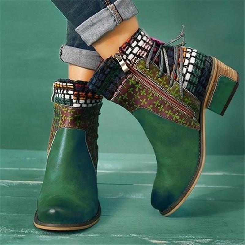 Ethnic Style Side Zipper Back Lace Up Chunky Mid Heel Short Boots Shopvhs.com