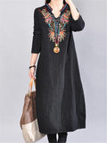 Ethnic Style Stand Collar Long Sleeve Floral Embroidered Pocket Midi Dress Shopvhs.com