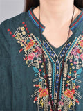 Ethnic Style Stand Collar Long Sleeve Floral Embroidered Pocket Midi Dress Shopvhs.com