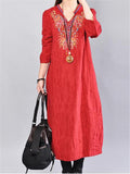 Ethnic Style Stand Collar Long Sleeve Floral Embroidered Pocket Midi Dress Shopvhs.com