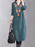 Ethnic Style Stand Collar Long Sleeve Floral Embroidered Pocket Midi Dress