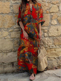 Ethnic Style V Neck Floral Printed Long Sleeve Pullover Maxi Dress