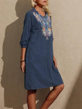 Ethnic Vintage Floral Embroidery V-Neck Pullover Midi Dress Shopvhs.com