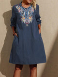 Ethnic Vintage Floral Embroidery V-Neck Pullover Midi Dress