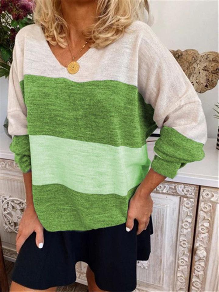 Extra Cozy V Neck Color Block Long Sleeve Pullover T-Shirts Shopvhs.com