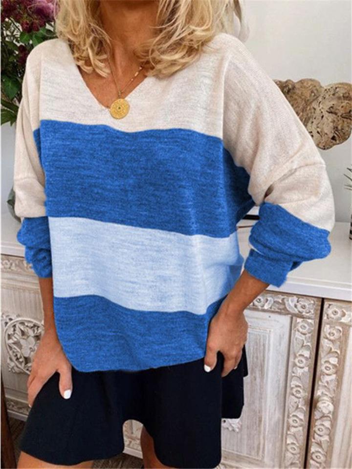 Extra Cozy V Neck Color Block Long Sleeve Pullover T-Shirts Shopvhs.com