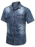 Faded Effect Classic Collar Chest Pocket Front Button Fastening Denim Shirt