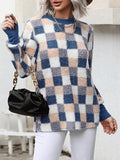 Fashion Plaid Half High Neck Long Sleeve Split Sweater Shopvhs.com