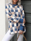 Fashion Plaid Half High Neck Long Sleeve Split Sweater Shopvhs.com