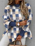 Fashion Plaid Half High Neck Long Sleeve Split Sweater Shopvhs.com