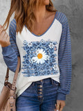 Fashion Print V-Neck Long Sleeve T-Shirt Shopvhs.com