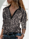 Fashion Sequined V-Neck Long Sleeve T-Shirt Shopvhs.com