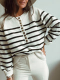 Fashion Striped Round Neck Button Sweater Shopvhs.com