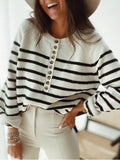 Fashion Striped Round Neck Button Sweater