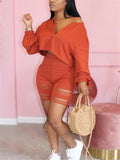 Fashionable 2 Piece V Neck Long Sleeve Tops + High-Rise Ripped Shorts Shopvhs.com
