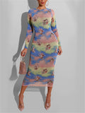 Fashionable Cartoon Printed Long Sleeve Bodycon Maxi Dress Shopvhs.com