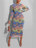 Fashionable Cartoon Printed Long Sleeve Bodycon Maxi Dress Shopvhs.com