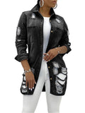 Fashionable Chest Pocket Lapel Collar Ripped Design Denim Coat Shopvhs.com