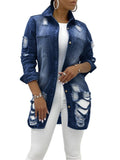 Fashionable Chest Pocket Lapel Collar Ripped Design Denim Coat Shopvhs.com