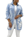 Fashionable Chest Pocket Lapel Collar Ripped Design Denim Coat Shopvhs.com