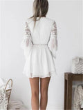 Fashionable Floral Lace Cutout Flare Long Sleeve Chiffon Pleated Dress Shopvhs.com