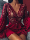 Fashionable Floral Lace Cutout Flare Long Sleeve Chiffon Pleated Dress Shopvhs.com