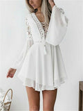 Fashionable Floral Lace Cutout Flare Long Sleeve Chiffon Pleated Dress Shopvhs.com