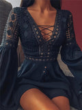 Fashionable Floral Lace Cutout Flare Long Sleeve Chiffon Pleated Dress Shopvhs.com