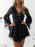 Fashionable Floral Lace Cutout Flare Long Sleeve Chiffon Pleated Dress Shopvhs.com