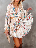 Fashionable Floral Low V Neck Back Lace Up Waist Cutout Pleated Dress Shopvhs.com