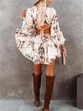 Fashionable Floral Low V Neck Back Lace Up Waist Cutout Pleated Dress Shopvhs.com