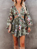 Fashionable Floral Low V Neck Back Lace Up Waist Cutout Pleated Dress Shopvhs.com