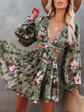 Fashionable Floral Low V Neck Back Lace Up Waist Cutout Pleated Dress Shopvhs.com